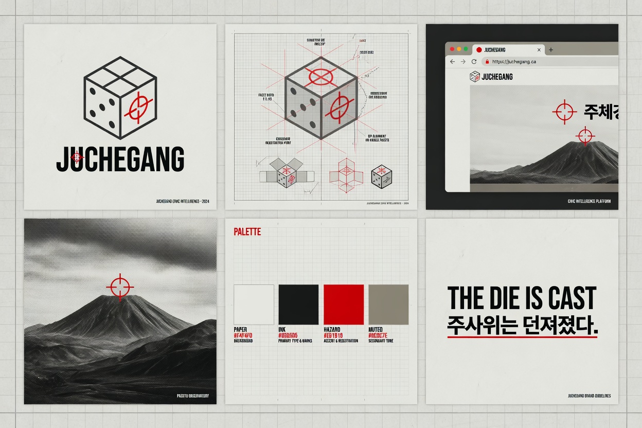 JucheGang brand guidelines board showing logo, colors, typography, and the die is cast tagline